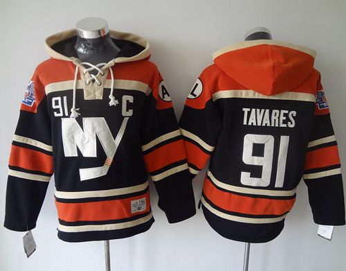 Islanders #91 John Tavares Dark Blue Sawyer Hooded Sweatshirt Stitched NHL Jersey